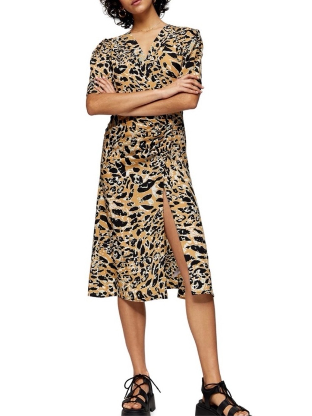 TOPSHOP Leopard Print V-Neck Faux Wrap Fit & Flare Short Sleeve Midi Dress 2 NEW